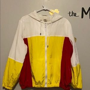 Light red, yellow, and white Bomber Jacket.